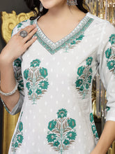 Women's White Ethnic Motif Printed Cotton Straight Kurta Pant Dupatta Set-KPDWHITEJALORI